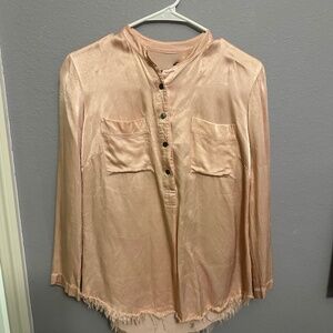 Raquel Allegra Pink Mock Neck Three Quarter Sleeve Button-Up Top